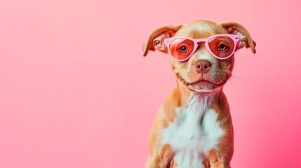 Funny bulldog wearing pink sunglasses on pink background. Side view.