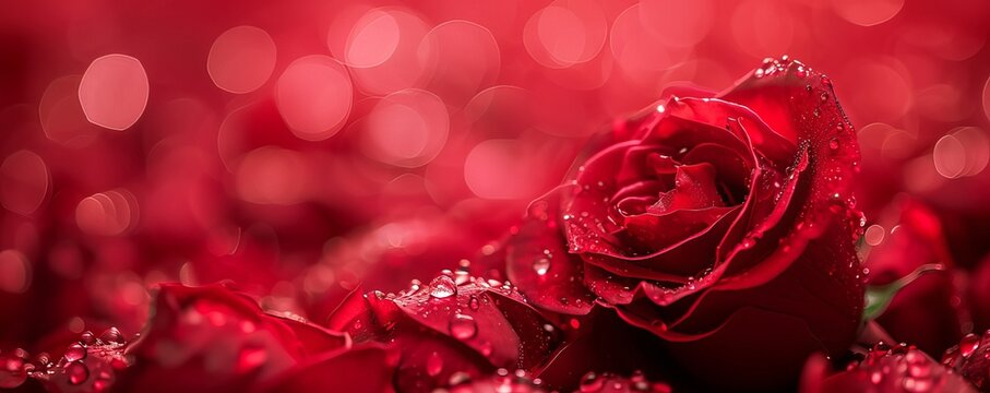One red rose on red bokeh background. Valentine's day concept, place for text. Ai generated image. 