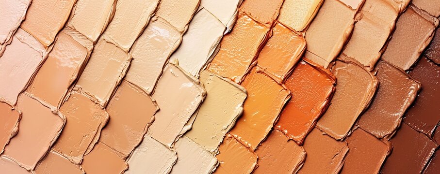 Makeup foundation swatches, cream strokes of various shades. Different skin tones. Make up background. AI generated image. 
