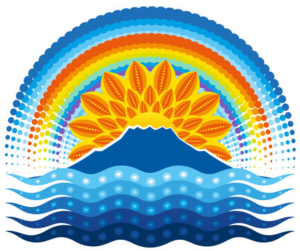 Isola vulcanica al tramonto con arcobaleno