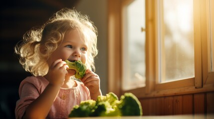 Charming little blonde girl with ponytails eating broccoli with her hands in the kitchen. copy space