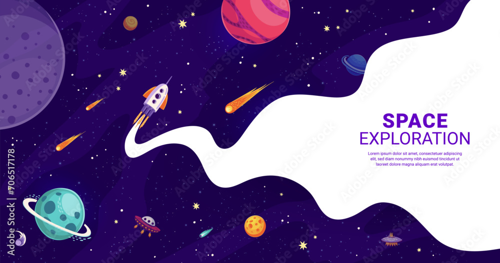 Poster Cartoon spaceship and UFO with chemtrails in starry galaxy, space exploration vector background. Rocket launch and galactic adventure poster with spaceship rocket shuttle in spaceflight to planets