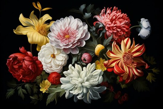 A flower painting with white, red, and yellow flowers on a black background. Generative AI