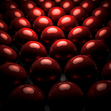 Fotografia con detalle de multitud de esferas de color rojo con reflejos de luz, en oscuridad