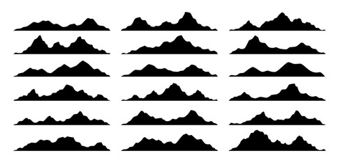 Black mountain, hill and rock silhouettes, rocky landscape shapes. Isolated vector range of hills, monochrome ridges. Alps with summit peaks set for adventure, rocks climbing, travel and hiking - obrazy, fototapety, plakaty