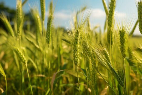 Close-up of a lush wheat field. Generative AI