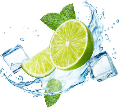 Mojito, ice cubes, lime fruit, realistic water splash and mint leaves. 3d vector beverage wave, transparent swirl with citrus fruit slices, drops and frozen icy blocks. liquid flow of tea or cocktail