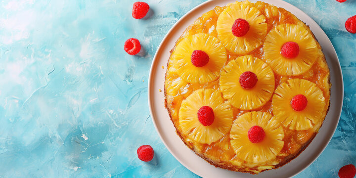 Classic retro pineapple upside down cake, soft, buttery with a caramelized brown sugar pineapple and berry topping on blue background. Dessert from childhood.
