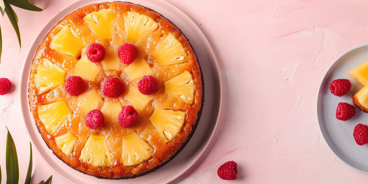 Top view Classic retro pineapple upside down cake, soft, buttery with a caramelized brown sugar pineapple and berry topping on table background. Dessert from childhood.