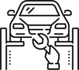 Dealership car service, auto dealer, car company line icon. Vehicle repair and maintenance center, dealership or distributor vector symbol. Automobile service linear icon with car on lift and wrench