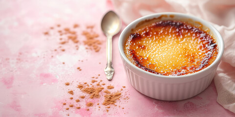 Creme Brulee is a custard dessert with a caramel crust on a pink table. A classic delicate creamy dessert, close-up picture for the menu. - obrazy, fototapety, plakaty