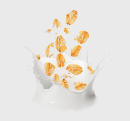 Rolled oats falling into splashing milk on white background