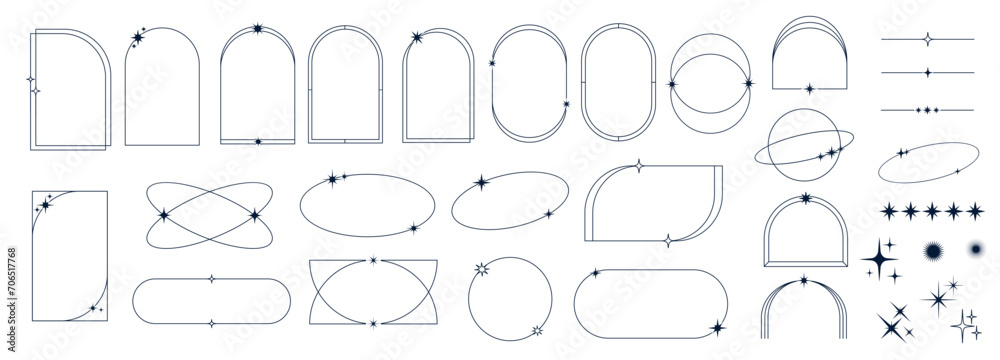 Wall mural minimal line frames and borders with star twinkles and sparkles, vector linear elements. simple mini