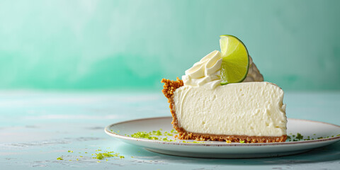 Key lime pie with whripped cream, American dessert made with lime juice, egg yolks, and condensed milk in a pastry dough tart. Lime pie slice on pastel background with copy space. - obrazy, fototapety, plakaty