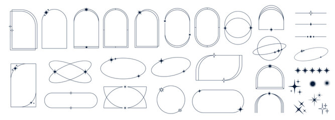 Minimal line frames and borders with star twinkles and sparkles, vector linear elements. Simple minimal outline frames and line art borders or geometric arches with celestial magic star sparkles