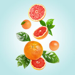 Fresh grapefruits and green leaves falling on light blue background