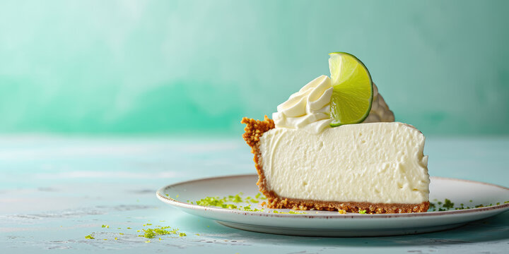 Key lime pie with whripped cream, American dessert made with lime juice, egg yolks, and condensed milk in a pastry dough tart. Lime pie slice on pastel background with copy space.