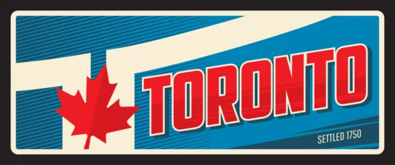Foto op Plexiglas Toronto Canadian city plate, retro travel plaque, tourist destination plaque vector tin sign. Canada capital, province and region tourism luggage tag with flag and landmark, red maple leaf sign © Vector Tradition