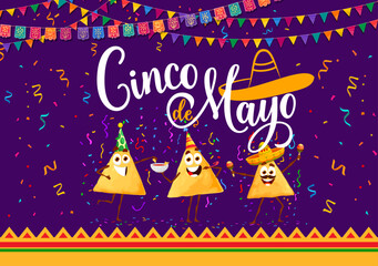 Cinco de Mayo holiday banner with Mexican nachos chips characters on fiesta party, vector background. 5 may holiday banner with Mexican national cuisine cartoon nachos chips in sombrero with maracas - obrazy, fototapety, plakaty