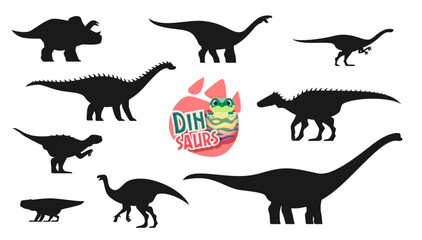 Dinosaurs, ancient prehistoric reptile silhouettes. Paleontology lizard. Antarctosaurus, Ampelosaurus, Psittacosaurus and Arrhinoceratops, Shantungosaurus, Bagaceratops dinosaur vector silhouettes
