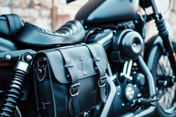 Fototapeta na wymiar Dark leather saddle bags with black buckles on a motorcycle