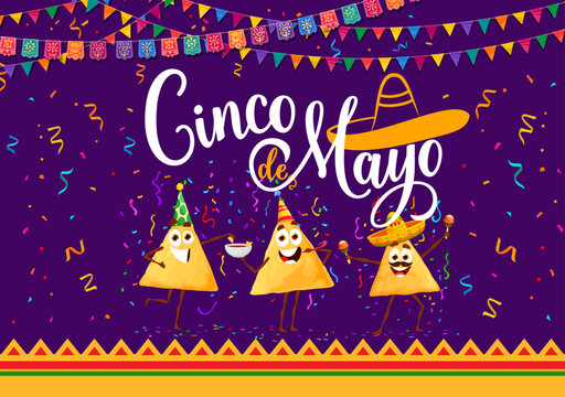 Cinco de Mayo holiday banner with Mexican nachos chips characters on fiesta party, vector background. 5 may holiday banner with Mexican national cuisine cartoon nachos chips in sombrero with maracas