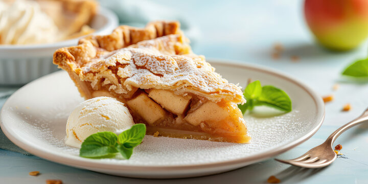 Slice of delicious apple pie with a ball of creamy ice cream and mint leaves on pastel light background. Classic baking, picture for menu, fruit pie.
