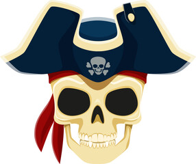 Pirate captain skull in cocked hat, grins menacingly. Tricorn cap sits jauntily atop the skeletal remains, exuding spooky seafaring charm. Cartoon vector filibuster, sailor or corsair skeleton head