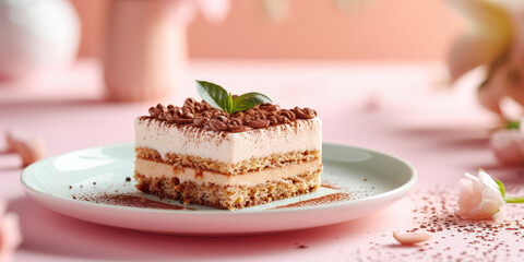 Square slice of classic tiramissu cake in chocolate sprinkles on a light pastel pink table. Italian...
