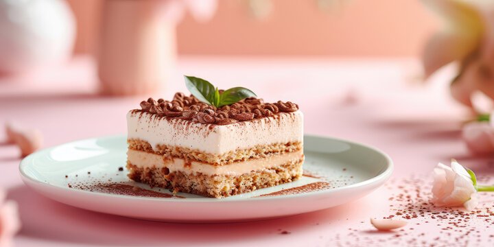 Square slice of classic tiramissu cake in chocolate sprinkles on a light pastel pink table. Italian layered dessert in a cut.