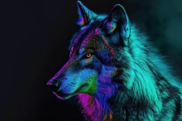 Portrait of Wolf in neon colors, dark background