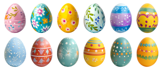 Collection of colourful hand painted decorated easter eggs on transparent background cutout, PNG file. Pattern and floral set. Many different design. Mockup template for artwork design