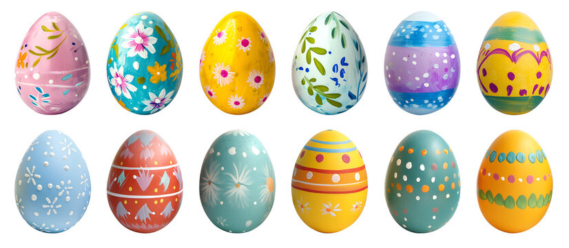 Collection of colourful hand painted decorated easter eggs on transparent background cutout, PNG file. Pattern and floral set. Many different design. Mockup template for artwork design