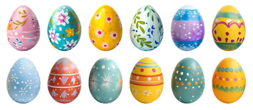 Collection of colourful hand painted decorated easter eggs on transparent background cutout, PNG file. Pattern and floral set. Many different design. Mockup template for artwork design - Powered by Adobe