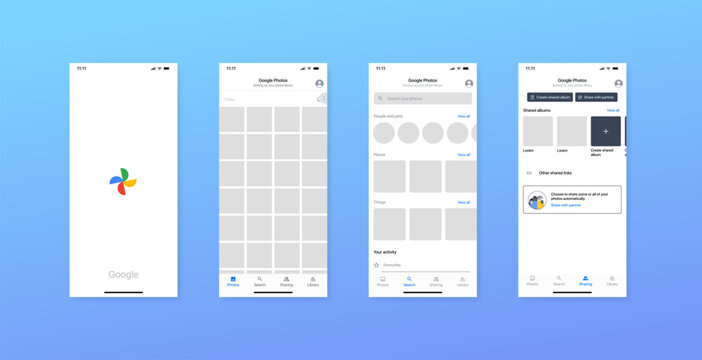 Google Photos interface template. Editorial mockup of Google Photos interface. Blue gradient background. Interface mockup template. Google Photos Page Mockup. Vector illustration