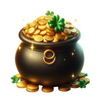 Leprechaun's pot of gold and treasure,St patrick's day, Png ,3D style and isolated on a transparent background