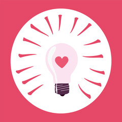 Light Bulb with Heart inside, Vector Sticker. Isolated Flat or Cartoon illustration. Valentines Day and Romantic Concept Design Element. Graphic Art for Greeting Card, Poster, Flyer. Love is Power