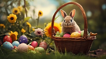 Easter fluffy bunny in wicker basket with painted eggs on green grass. Holiday Card With Space For Copy, Advertising And Text, Bright Banner With Yellow Flowers, Easter Eggs