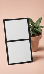 A frame divided in two for a photo print against a simple bacgkground with a plant