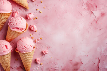 Pale pink background with ice cream and sprinkles. Design with space to place text.