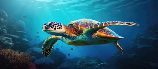 Fototapeta na wymiar Hawksbill sea turtle swimming underwater.