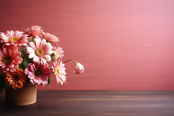Bouquet of beautiful flowers in vase on wooden table against color background.