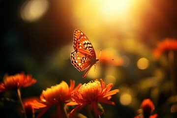 Beautiful Butterfly Hovering Above Blooming Spring Flowers in Sunlight