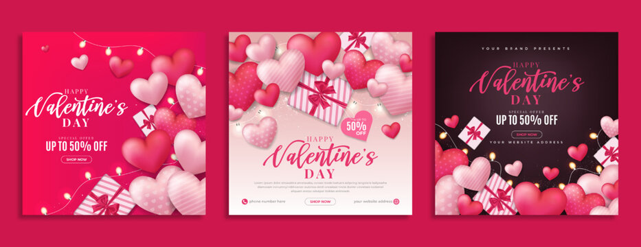 Valentine's day sale promotion social media banner post template. Valentine day business marketing flyer with realistic gift box and love or heart balloon. Holiday celebration web poster with ornament