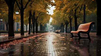 Fototapeta na wymiar A ground-level view of an urban park alley on a rainy day in autumn, illustrating the peaceful interplay between city life and nature's seasonal shifts.