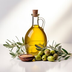 Eine Flasche Olivenöl auf weißem Hintergrund