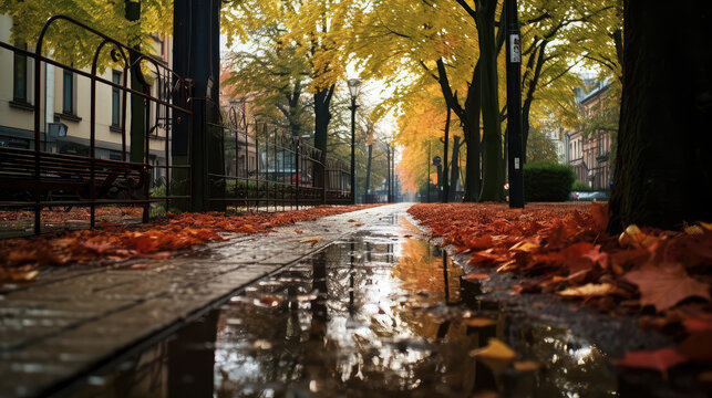 The tranquil mood of a rainy autumn day, this top view depicts a leafy park path in an urban setting, highlighting seasonal beauty in the city.