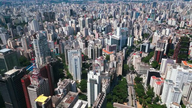 Aerial view of Avenida Paulista (Paulista Avenue) in Sao Paulo city, Brazil. Cinematic 4K
