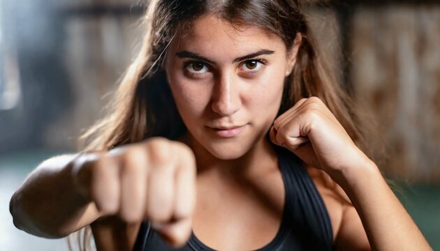 confident strong woman with fists ready to fight