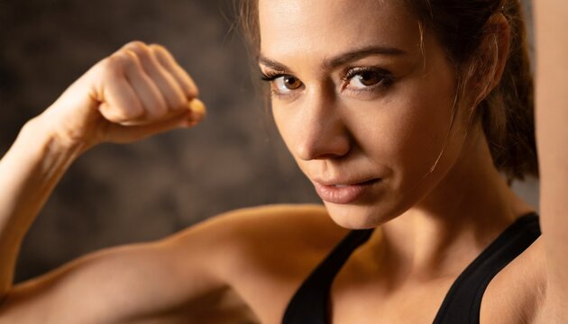 confident strong fitness woman showing muscle